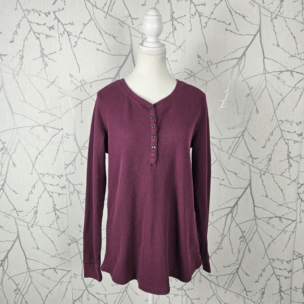 Natural Reflections Fuchsia Pink Cotton Blend Waffle Knit Thermal Henley
